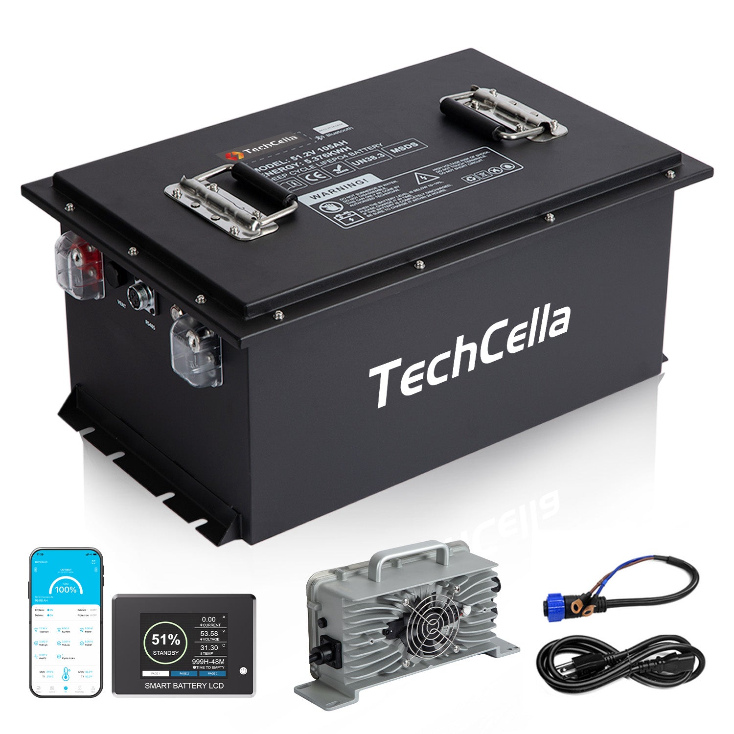 TechCella 48V 105Ah Lithium Battery for Golf Cart, 200A BMS, Touch Scr