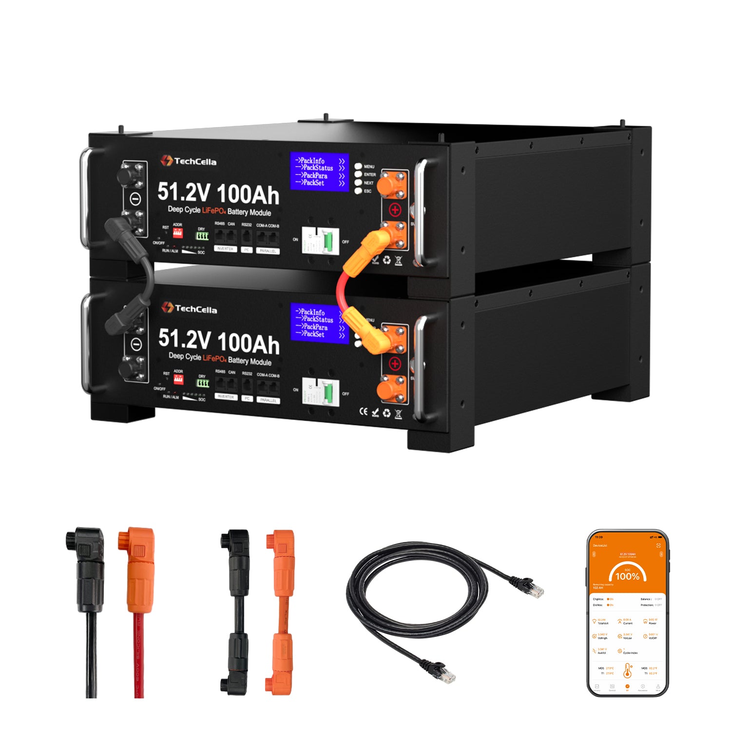 TechCella 48V 100Ah LiFePO4 Battery, 100A BMS with Inverter Communication, 3U Rack-Mount, Smart Display & Bluetooth, 6000+ Cycles, Max. 5.12kW Power Output for Off-Grid, Solar System, Backup