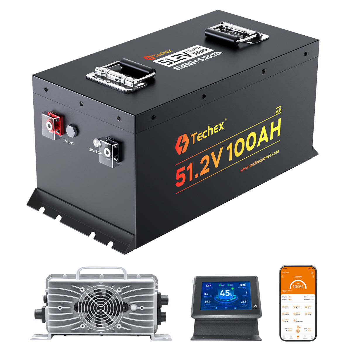 Techex 48V Lithium Battery Golf Cart, LCD Monitor/ Bluetooth App, 200A BMS with 600A Peak Current, Complete kit with 58.4V 18A charger, Metal Case