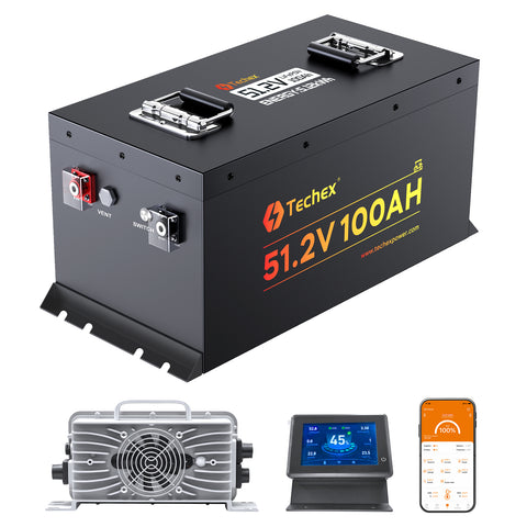Techex 48V Lithium Battery Golf Cart, LCD Monitor/ Bluetooth App, 200A BMS with 600A Peak Current, Complete kit with 58.4V 18A charger, Metal Case