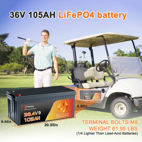 Techex 36V Lithium Golf Cart Battery 105Ah, 200A BMS, Bluetooth/LCD Display, with 43.8V 25A Charger, Low Temp Cut Off, Max 7.68kW Power Output for EZ GO, Club Car, Yamaha Golf Cart