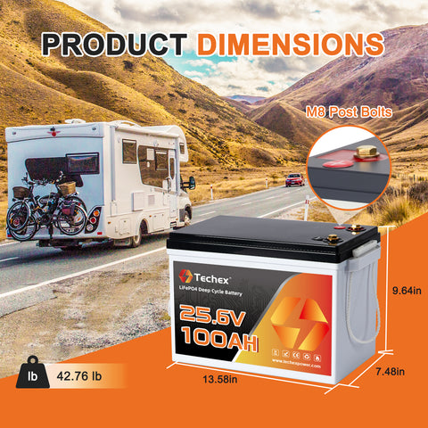 Techex 24V 100Ah LiFePO4 Battery, 200A BMS, 5120W Load Power, Low Temp Cut Off, Deep Cycle, 24V lithium battery for Trolling Motor, Boat, RV, Solar, Camping, Off Grid （No Bluetooth）