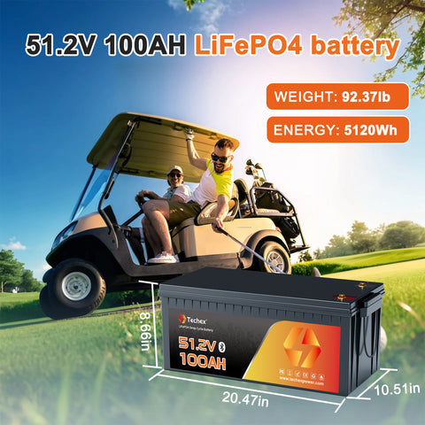 Techex 48V Lithium Battery 100Ah for Golf Cart, 200A BMS, Touch Screen & Mobile APP, with 58.4V 18A Charger, Low Temp Cut Off, Max 10.24kW Power Output for EZ GO, Club Car, Yamaha Golf Cart