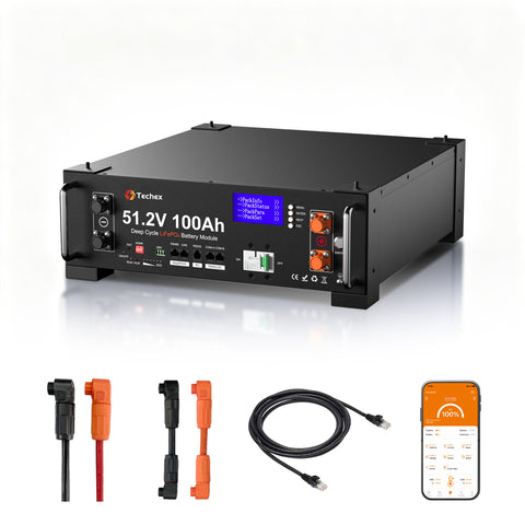 Techex 48V 100Ah LiFePO4 Battery, 100A BMS with Inverter Communication, 3U Rack-Mount, Smart Display & Bluetooth, 6000+ Cycles, Max. 5.12kW Power Output for Off-Grid, Solar System, Backup
