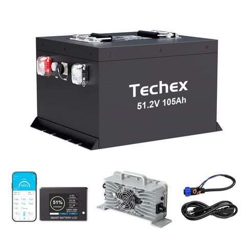 Techex Mini 48V Lithium Battery, with charger 58.4V 22A, Touch Screen & Bluetooth, 200A BMS 6000+ Deep Cycle, Low Temp Cut Off, 105Ah 48v Golf Cart Battery for Clubcar, EZGO, ICON, YAMAHA
