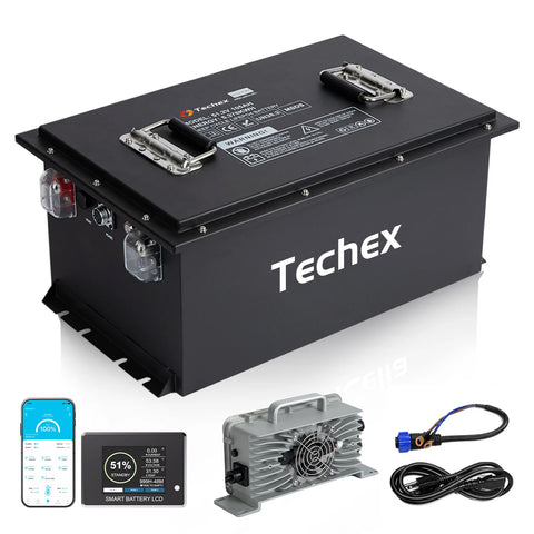 Techex 48V 105Ah Lithium Battery for Golf Cart, 200A BMS, Touch Screen & Mobile APP, with 58.4V 22A Charger, Low Temp Cut Off, Max 10.24kW Power Output for EZ GO, Club Car, Yamaha Golf Cart