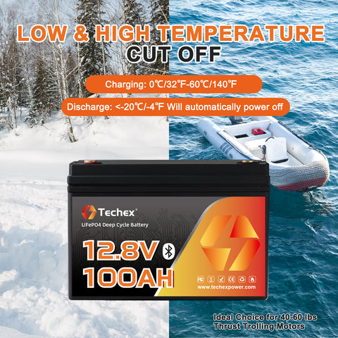 Techex 12V 100Ah Lithium Battery Bluetooth, Group 31, 100A BMS, Low Temp Cut Off, Deep Cycle for Trolling Motor, Boat, RV, Solar, Camping, Off Grid