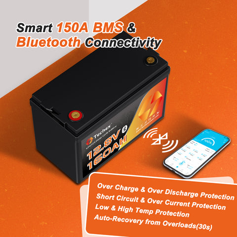 Techex 12V 160Ah LiFePO4 Battery, 150A BMS, Built-in Bluetooth, Group 31, Low Temp Cut Off, Deep Cycle, 12V Lithium Battery for Trolling Motor, Boat, RV, Solar, Camping, Off Grid