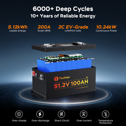 Techex 48V Lithium Battery Golf Cart, LCD Monitor/ Bluetooth App, 200A BMS with 600A Peak Current, Complete kit with 58.4V 18A charger, Metal Case