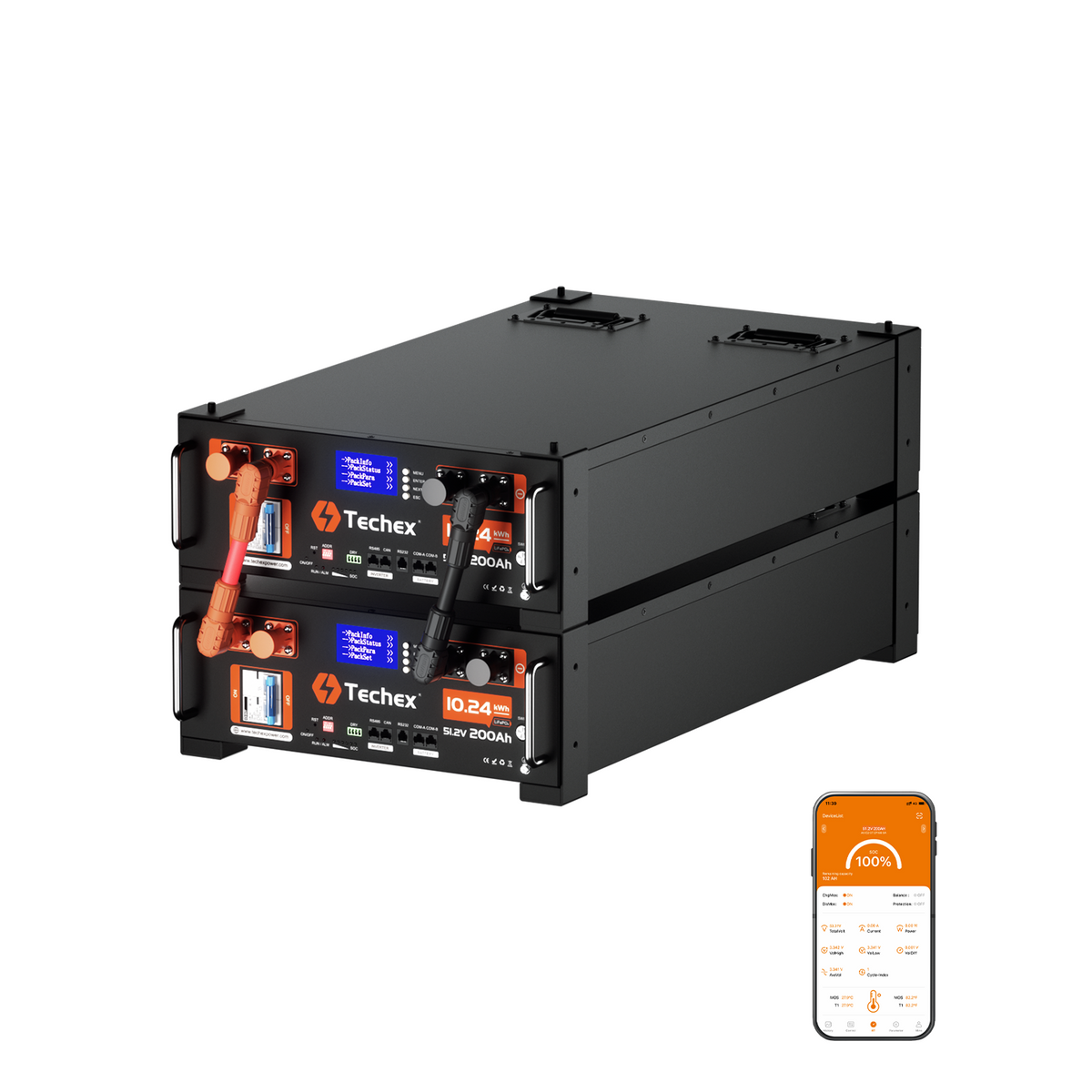 Techex 48V 200Ah Server Rack Battery LiFePO4, 200A BMS with Inverter Communication, 10.24kWh Solar Battery with WiFi & Bluetooth Monitoring, Fire Suppression for Off-Grid, Backup
