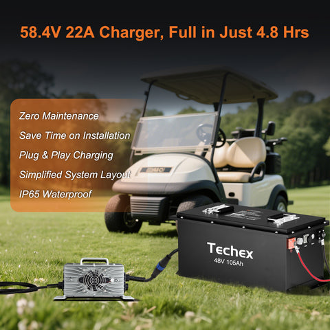 Techex 48V 105Ah Lithium Battery for Golf Cart, 200A BMS, Touch Screen & Mobile APP, with 58.4V 22A Charger, Low Temp Cut Off, Max 10.24kW Power Output for EZ GO, Club Car, Yamaha Golf Cart