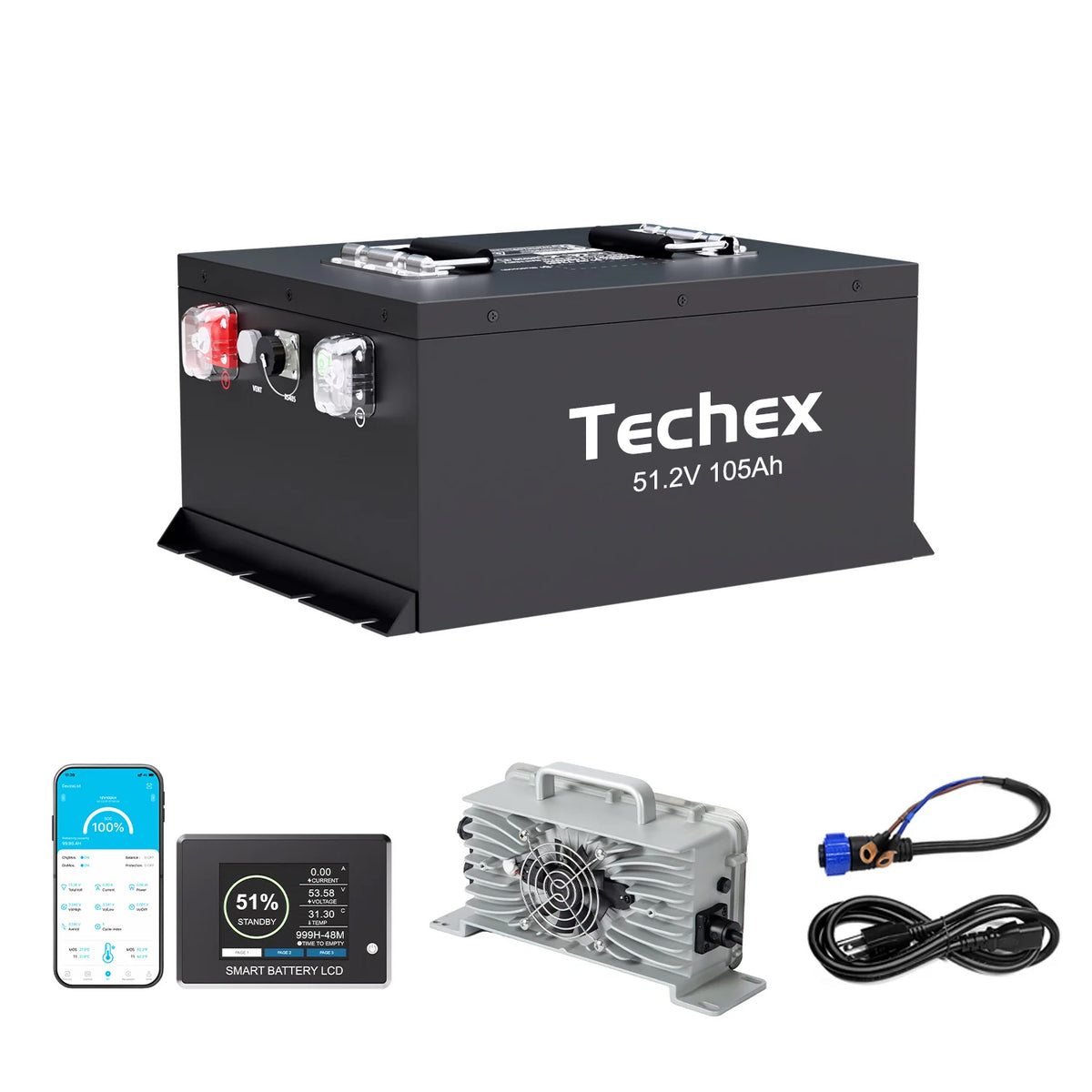 Techex 48V Lithium Battery Golf Cart 72Ah, 200A BMS, Touch Screen & Bluetooth, with 58.4V 18A Charger, Low Temp Cut Off, Max 10.24kW Power Output for EZ GO, Club Car, Yamaha Golf Cart