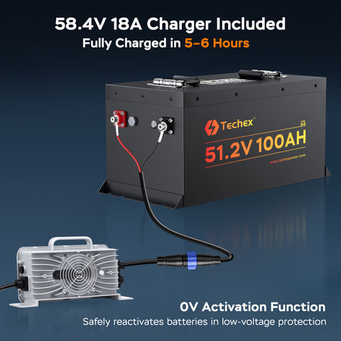 Techex 48V Lithium Battery Golf Cart, LCD Monitor/ Bluetooth App, 200A BMS with 600A Peak Current, Complete kit with 58.4V 18A charger, Metal Case