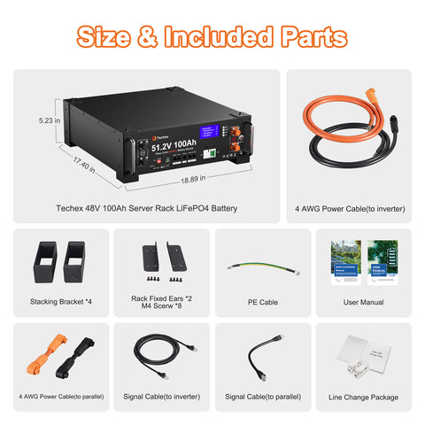 Techex 48V 100Ah LiFePO4 Battery, 100A BMS with Inverter Communication, 3U Rack-Mount, Smart Display & Bluetooth, 6000+ Cycles, Max. 5.12kW Power Output for Off-Grid, Solar System, Backup
