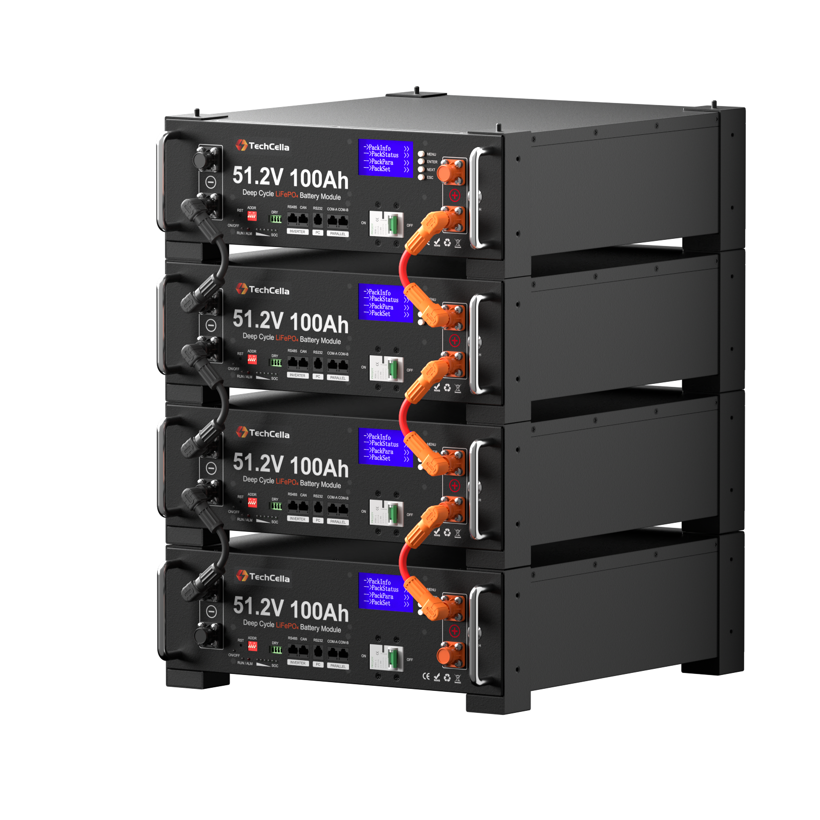 TechCella 48V 100Ah LiFePO4 Battery, 100A BMS with Inverter Communication, 3U Rack-Mount, Smart Display & Bluetooth, 6000+ Cycles, Max. 5.12kW Power Output for Off-Grid, Solar System, Backup