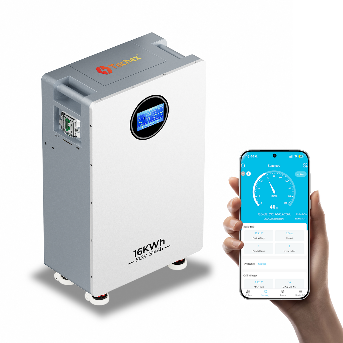 Techex 51.2V 314Ah LiFePO4 Lithium Battery Floor Standing, 16kWh | Bluetooth & WiFi | Fire-suppression