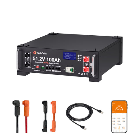 TechCella 48V 100Ah LiFePO4 Battery, 100A BMS with Inverter Communication, 3U Rack-Mount, Smart Display & Bluetooth, 6000+ Cycles, Max. 5.12kW Power Output for Off-Grid, Solar System, Backup